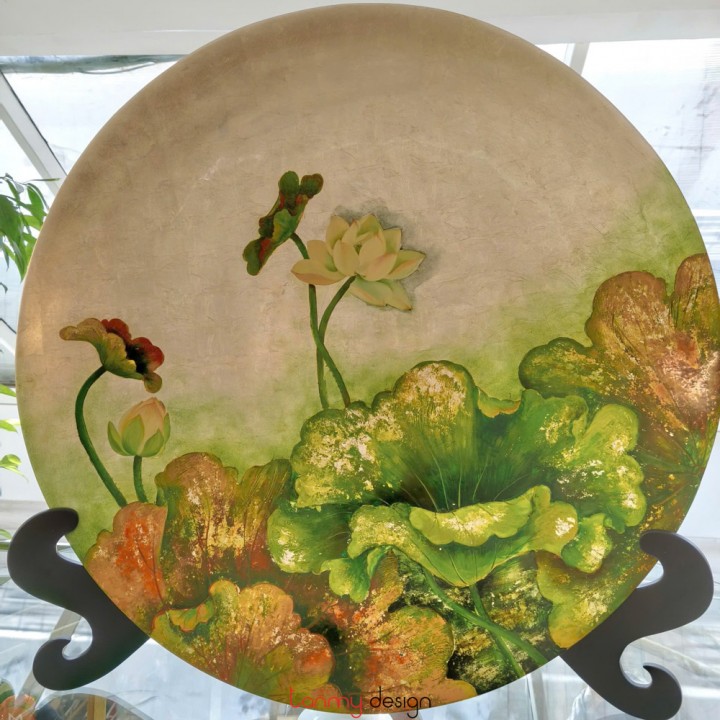 Round lacquer plate hand-painted with lotus, included with stand 80cm ( different designs )